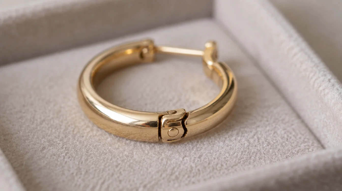 Hinged hoop with a visible split beside the hinge resting in a padded jewelry tray.