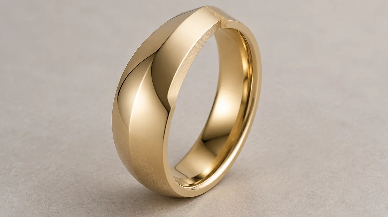 Illustrative ring cutaway showing a knife edge exterior and rounded comfort fit interior