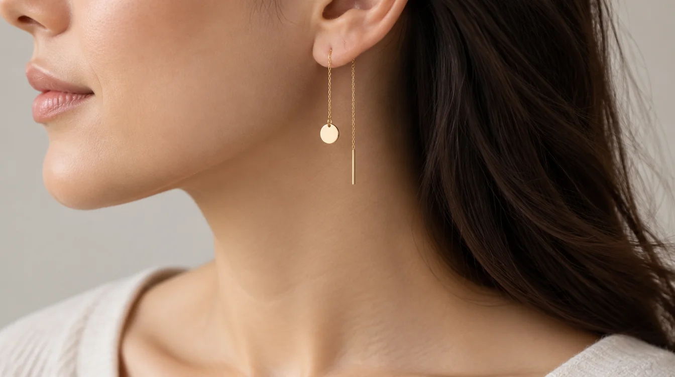 Gold threader earring with a small front charm and a visible chain tail behind the lobe