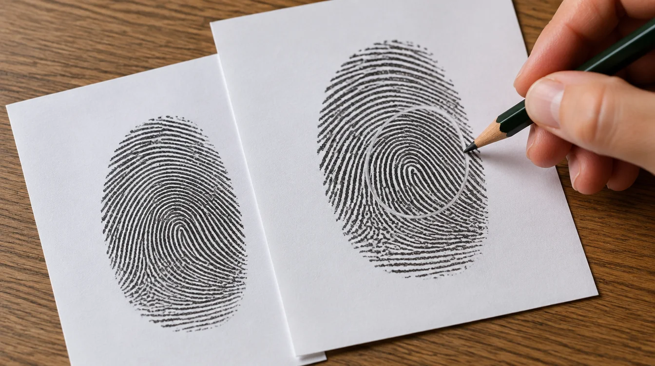 A hand marks a preferred area on a fingerprint copy while the full original remains untouched