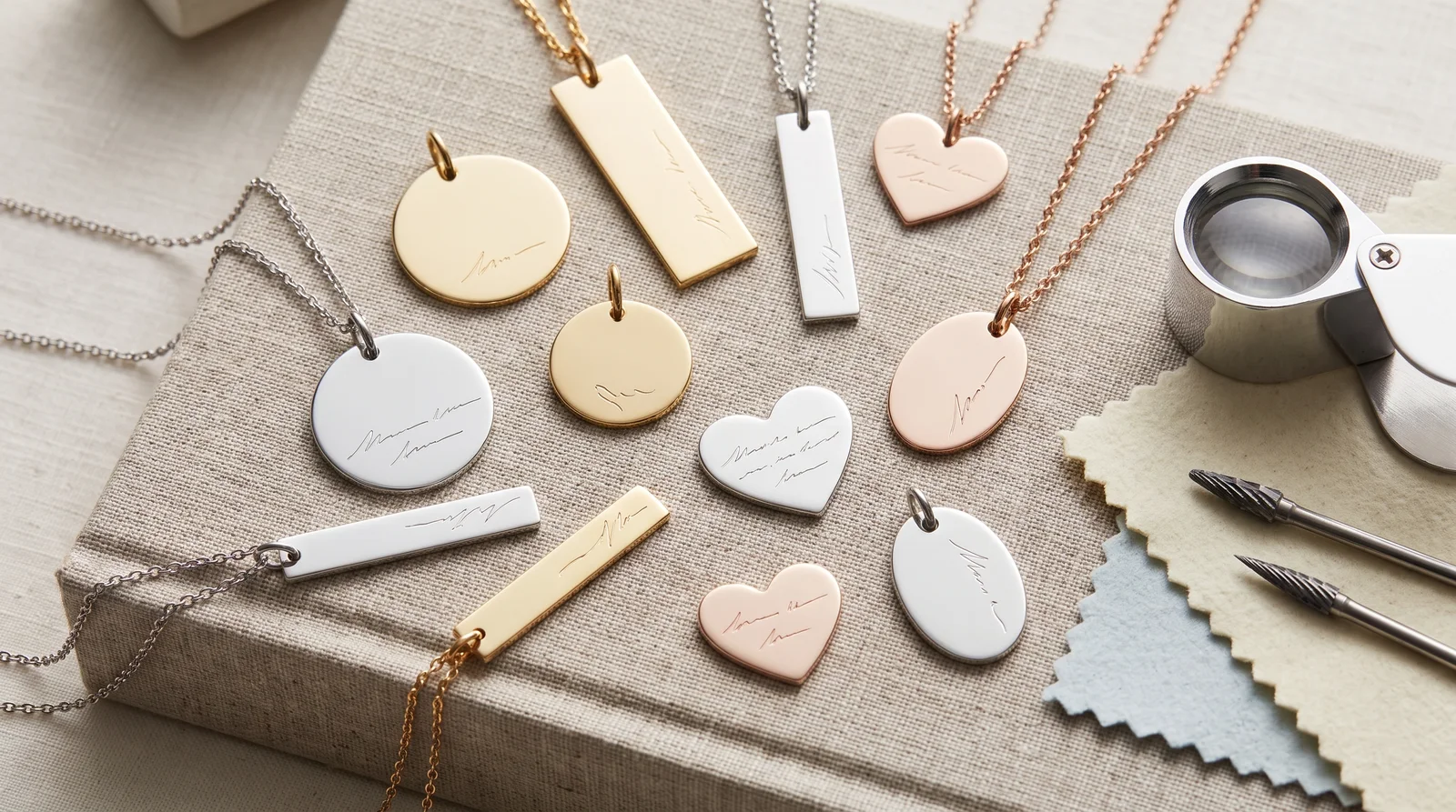 Flat and geometric pendant shapes compared for text engraving stability and legibility.