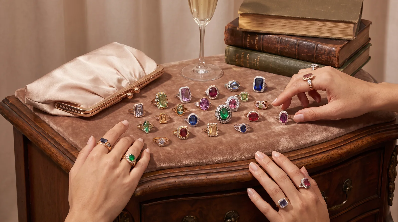 Woman's hand displaying a gemstone cocktail ring, illustrating how to choose a cocktail ring for any occasion