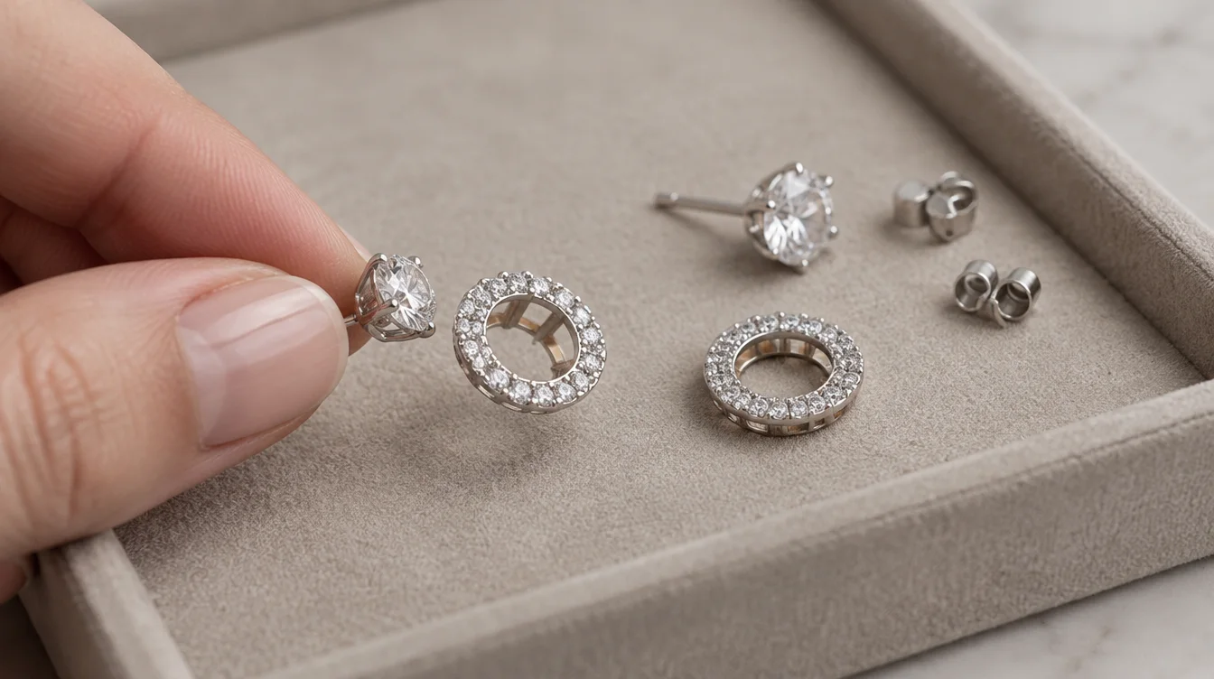 Diamond studs, halo jackets, and original backs arranged for a fit check