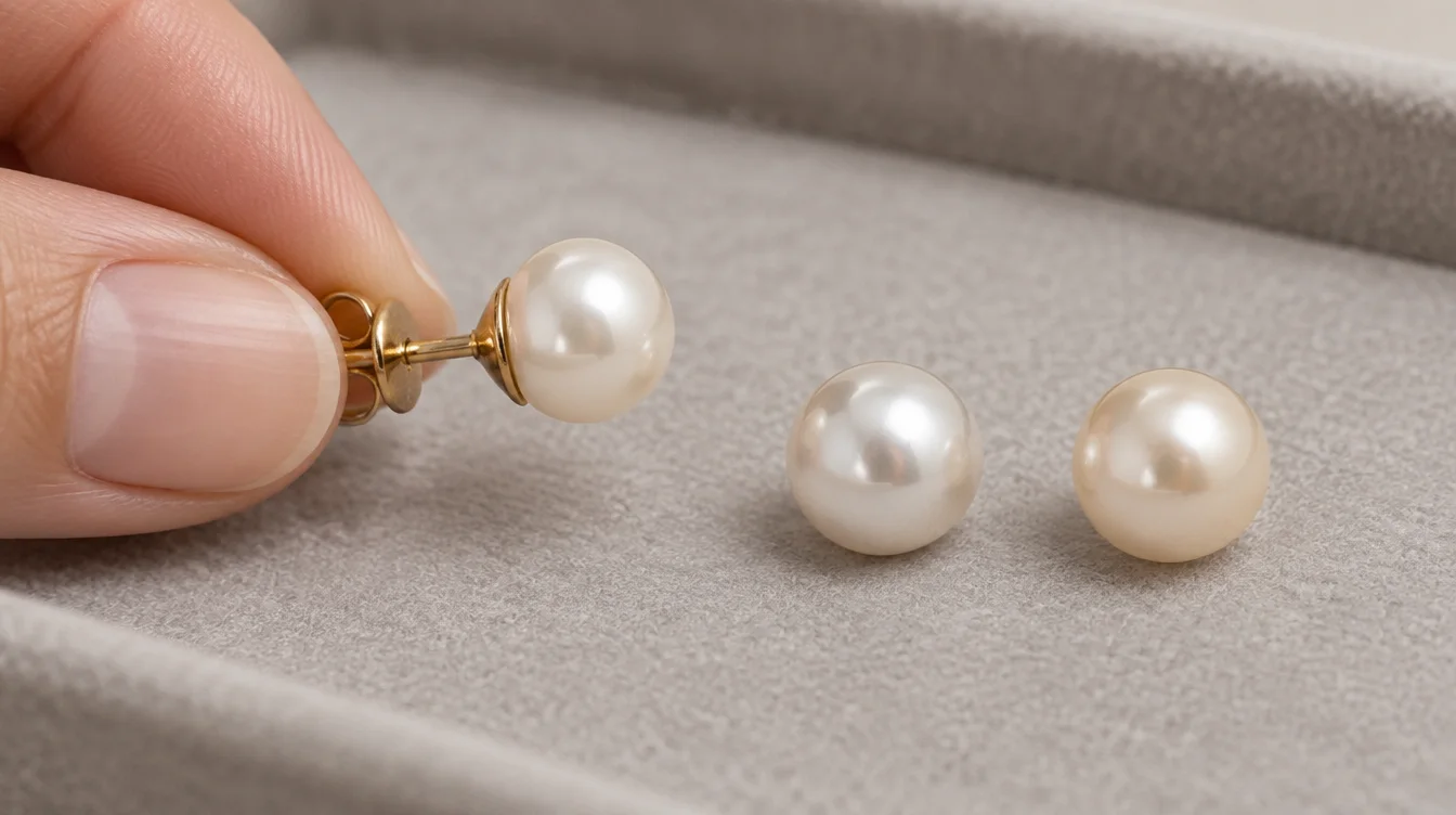 Jeweler compares an intact pearl stud with two loose pearls for size, color, shape and luster.