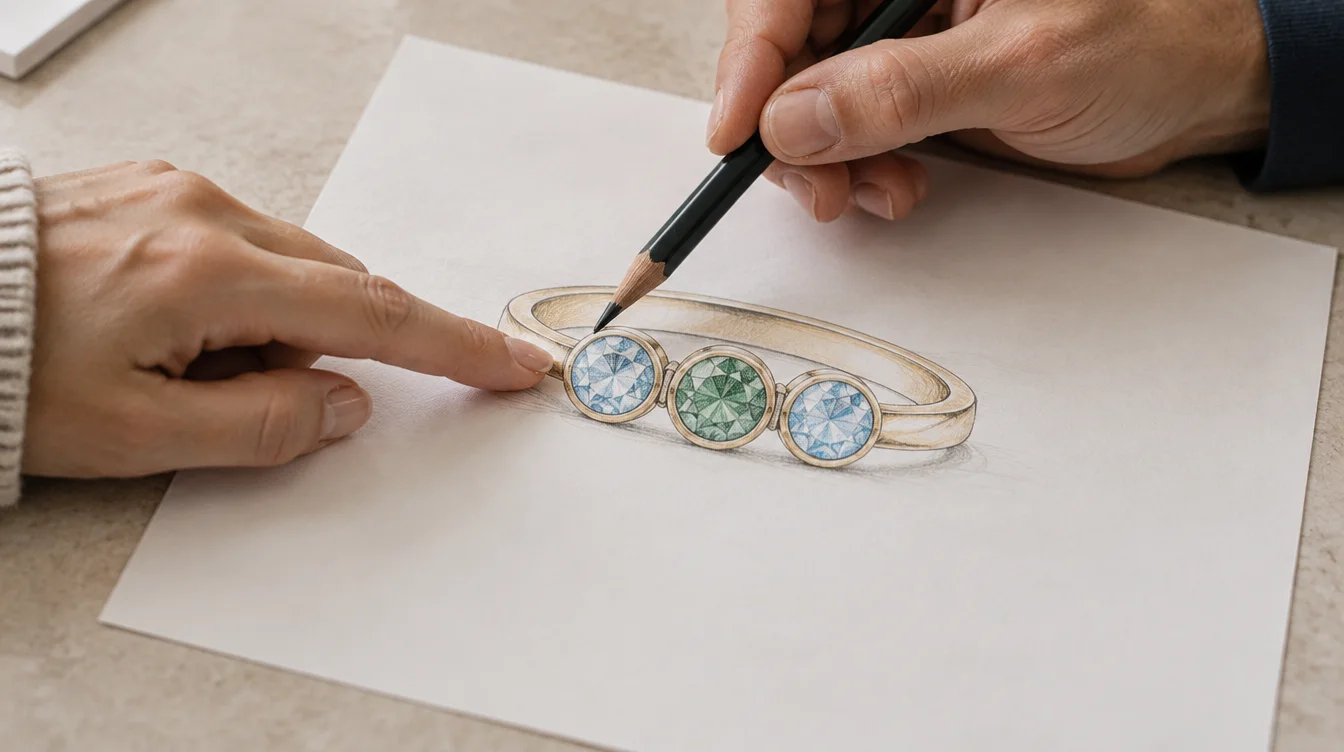 A wearer and jeweler pointing to the same stone position on a three stone ring sketch