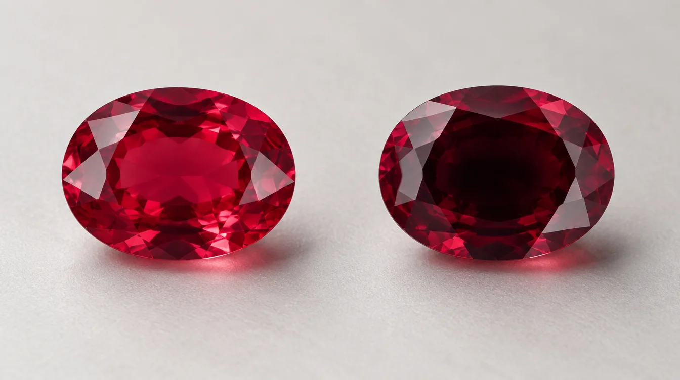 Two gemstones showing contrast between shallow cut with full face-up color and deep cut with dark extinction center