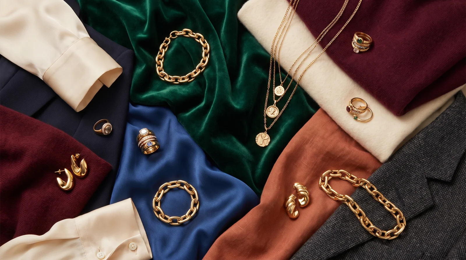 Gold jewelry paired with colorful outfits demonstrating how to wear gold jewelry with different color palettes