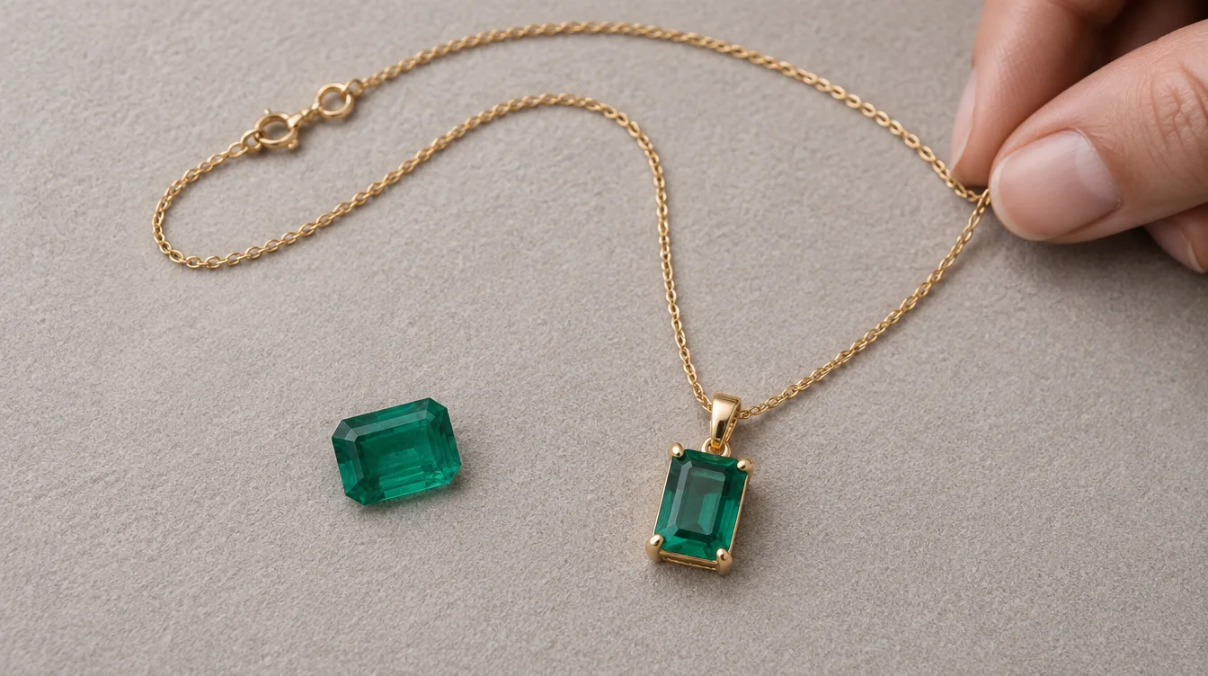 A loose green stone beside a finished pendant with its setting, chain, and clasp visible.