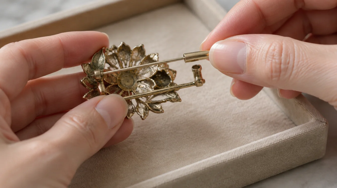 Hands gently sliding a removable converter onto a supported brooch pin above a padded tray