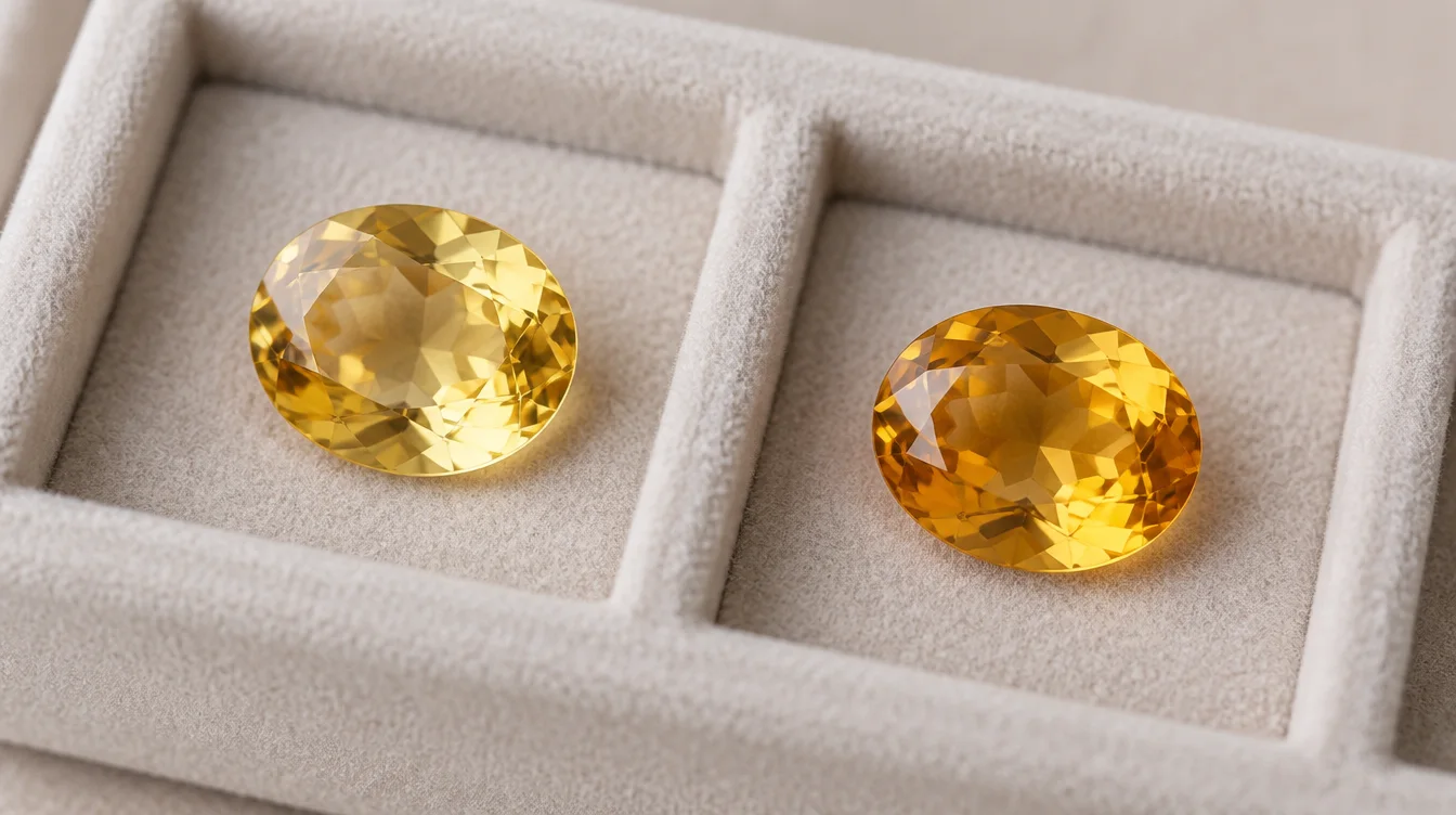 Two similar yellow faceted gemstones resting separately in a neutral gem tray