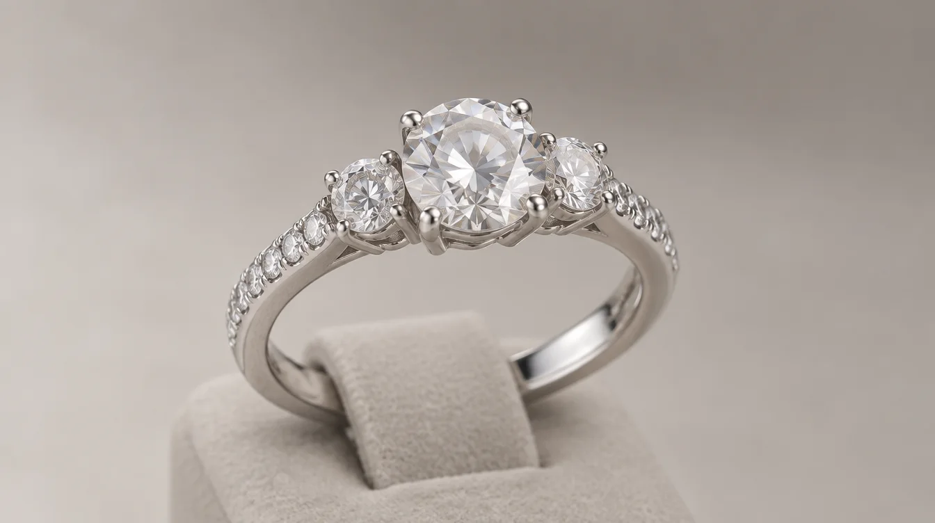 Diamond ring showing its center diamond, two side diamonds, and smaller diamonds along the shoulders.