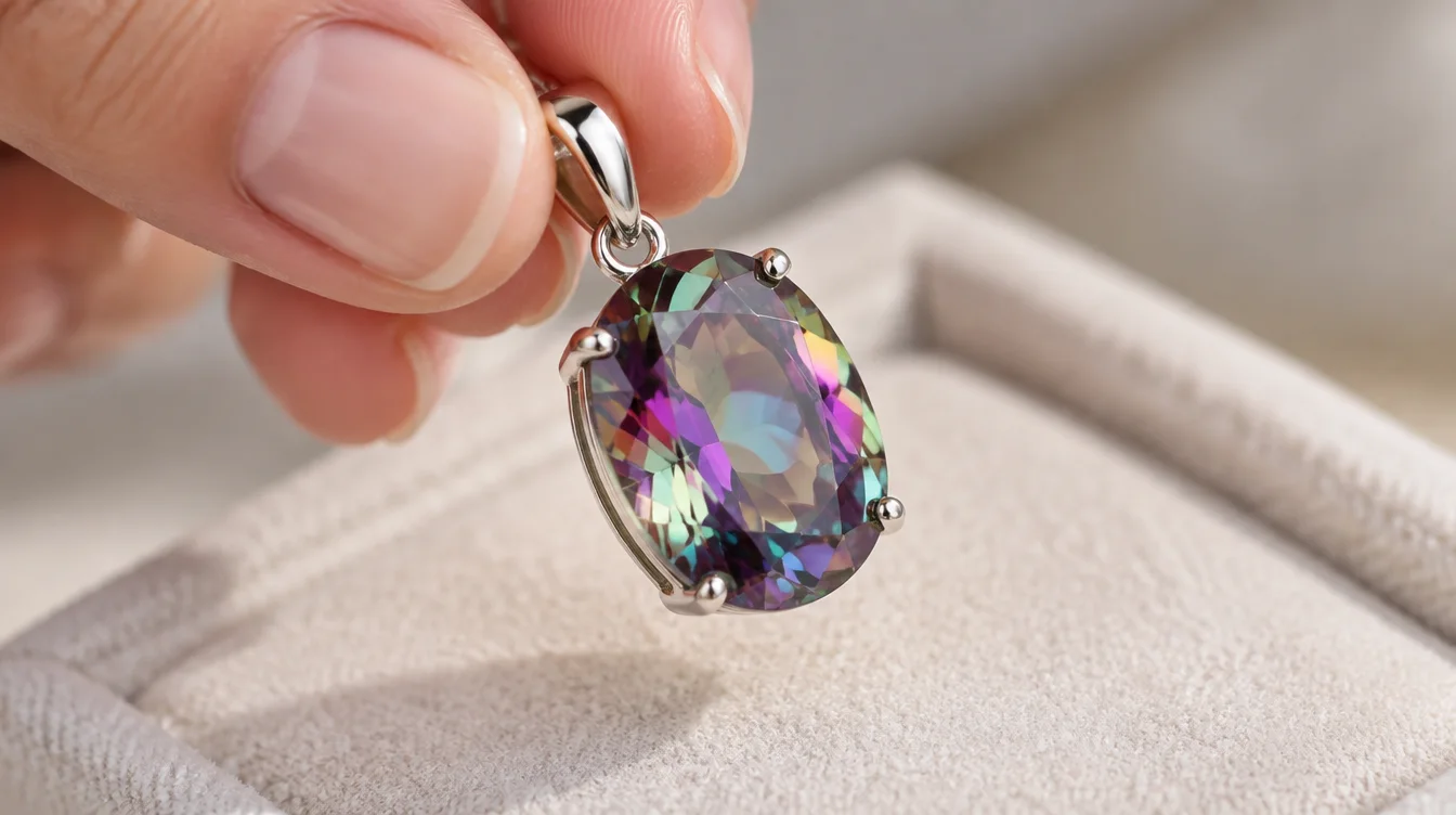 Jeweler holding a Mystic Topaz pendant with rainbow reflections above a padded counter