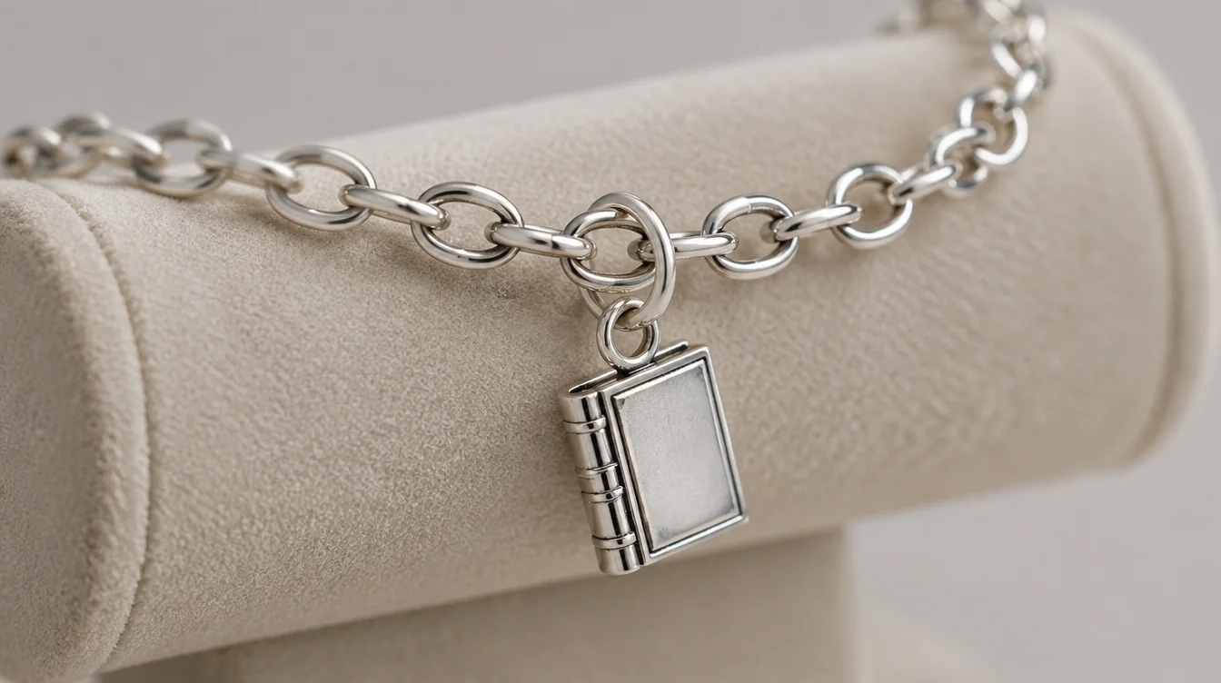 Close view of a book charm attached to a cable bracelet link with a closed jump ring.