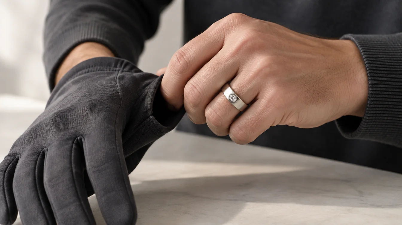 A person gently pulls on a glove while wearing a men's diamond band with a visible full bezel rim.