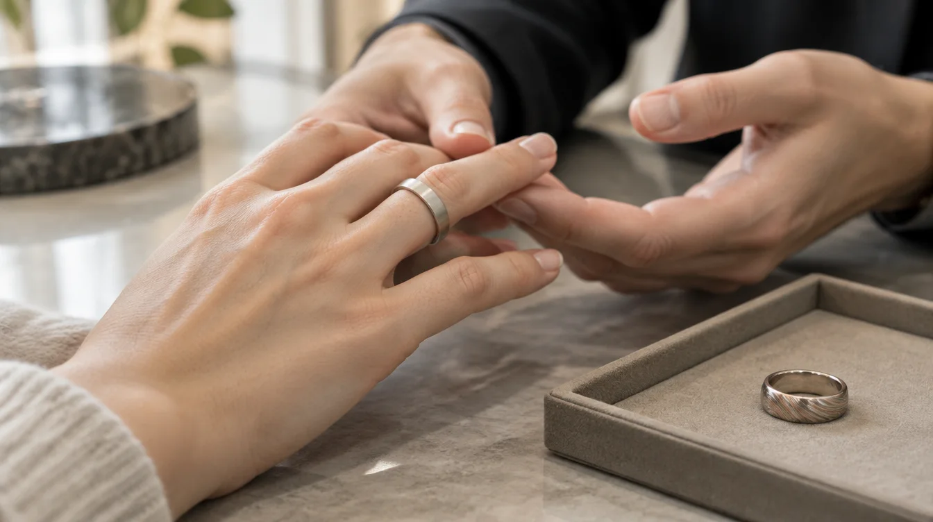 Buyer trying a sizing ring with a jeweler while a mokume wedding band rests on a nearby tray.