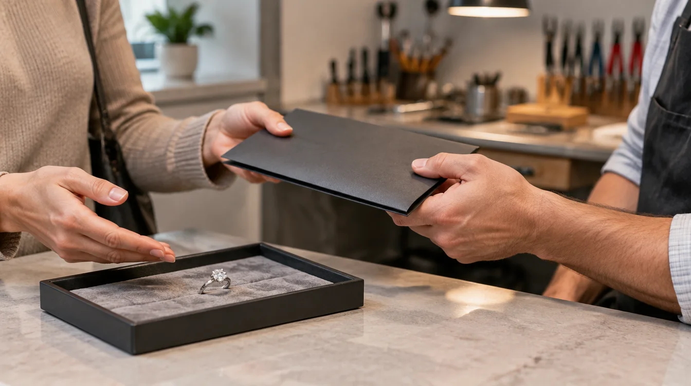 Ring owner hands treatment records to a jeweler before cleaning or repair.