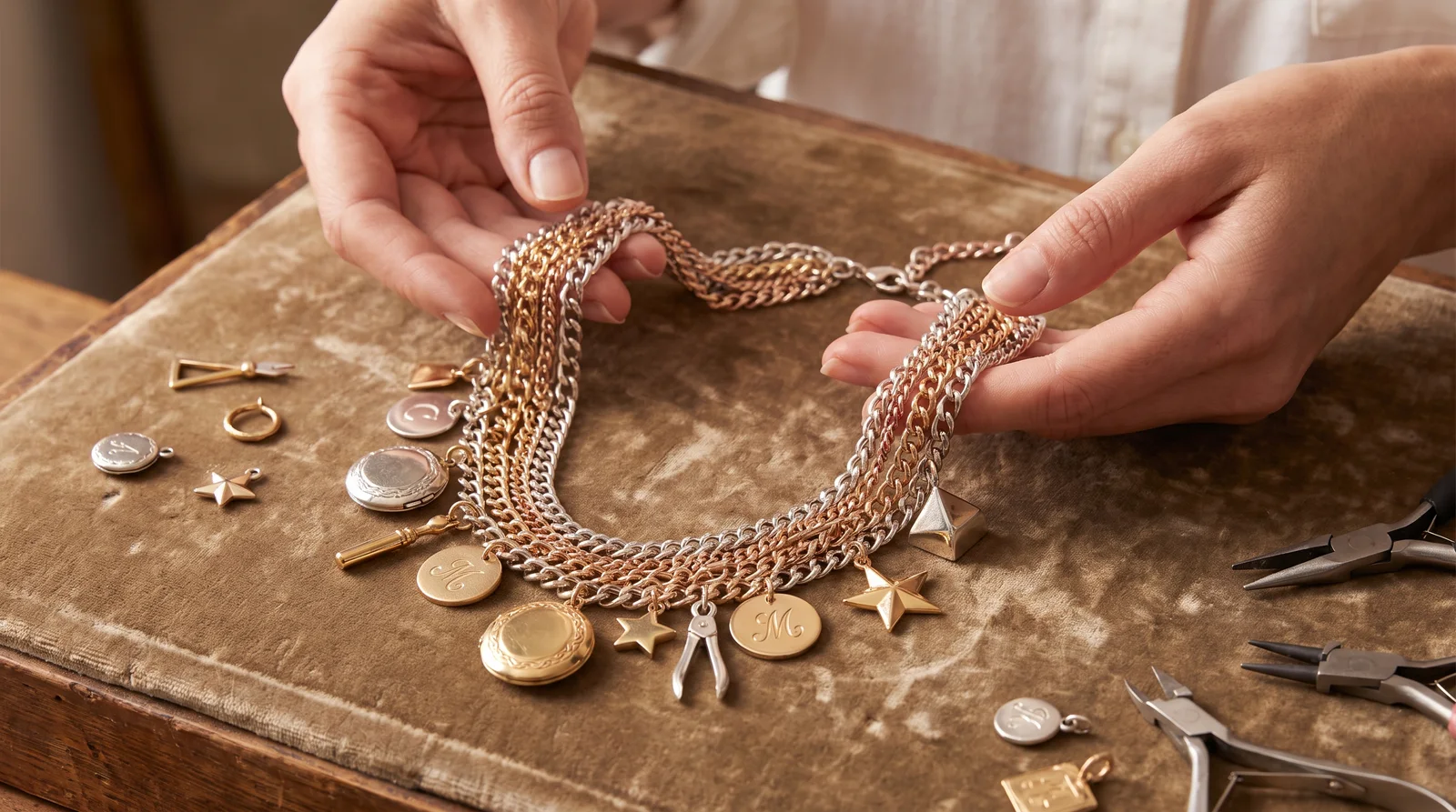 Gold and silver charms layered on a necklace, showing how to build a charm necklace with mixed metals