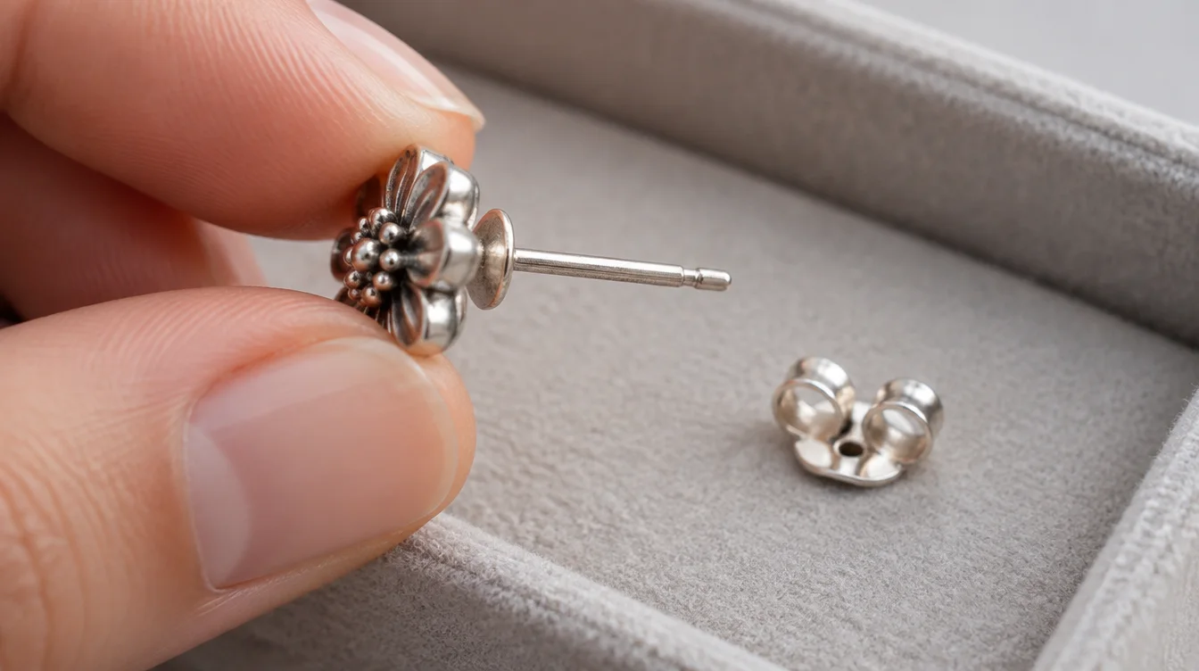 A stud earring is held to show its post, rear connection and separate backing.