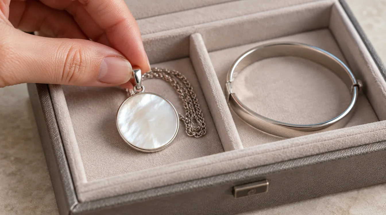 Mother of pearl pendant stored apart from a metal bracelet in a soft lined jewelry box