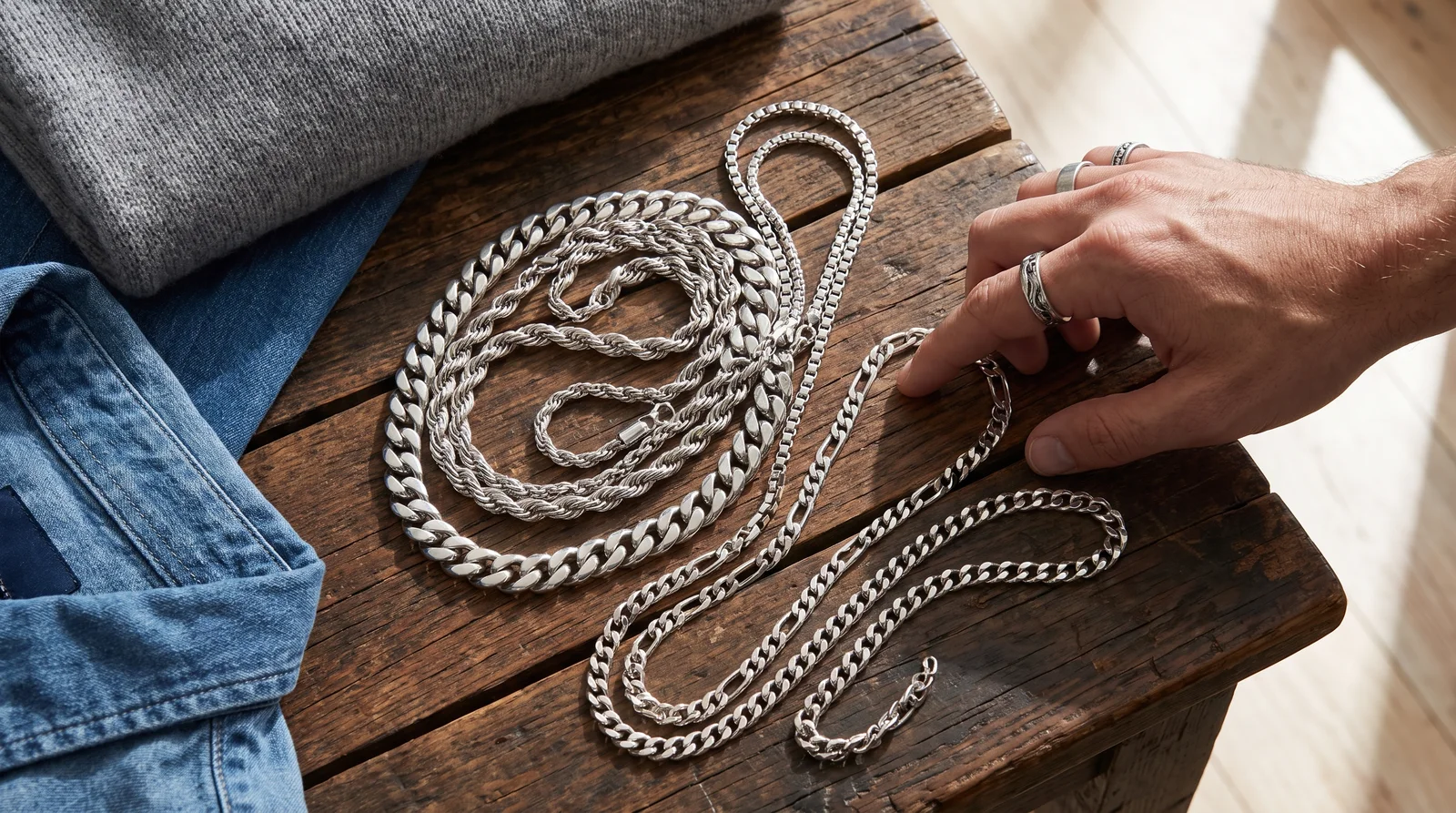 Men's silver chain necklace guide showing curb, box, rope, and Cuban link styles laid side by side