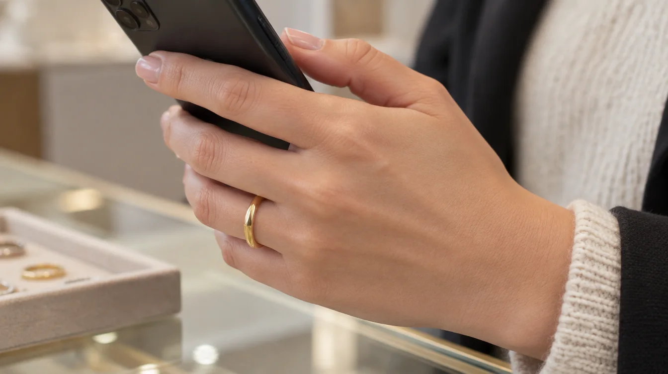 Hand wearing a knife edge ring while loosely holding a phone to check everyday contact