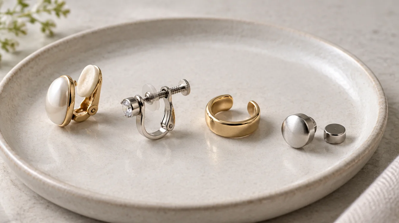 Hinged clip, screw clamp, ear cuff, and magnetic stud arranged with their fittings visible