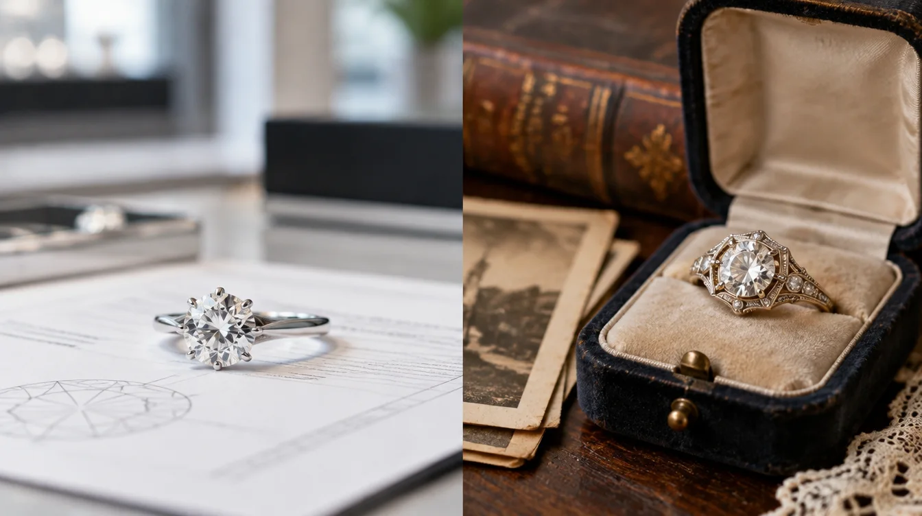 Lab-grown diamond displayed with specification sheet; natural diamond in vintage heritage presentation setting