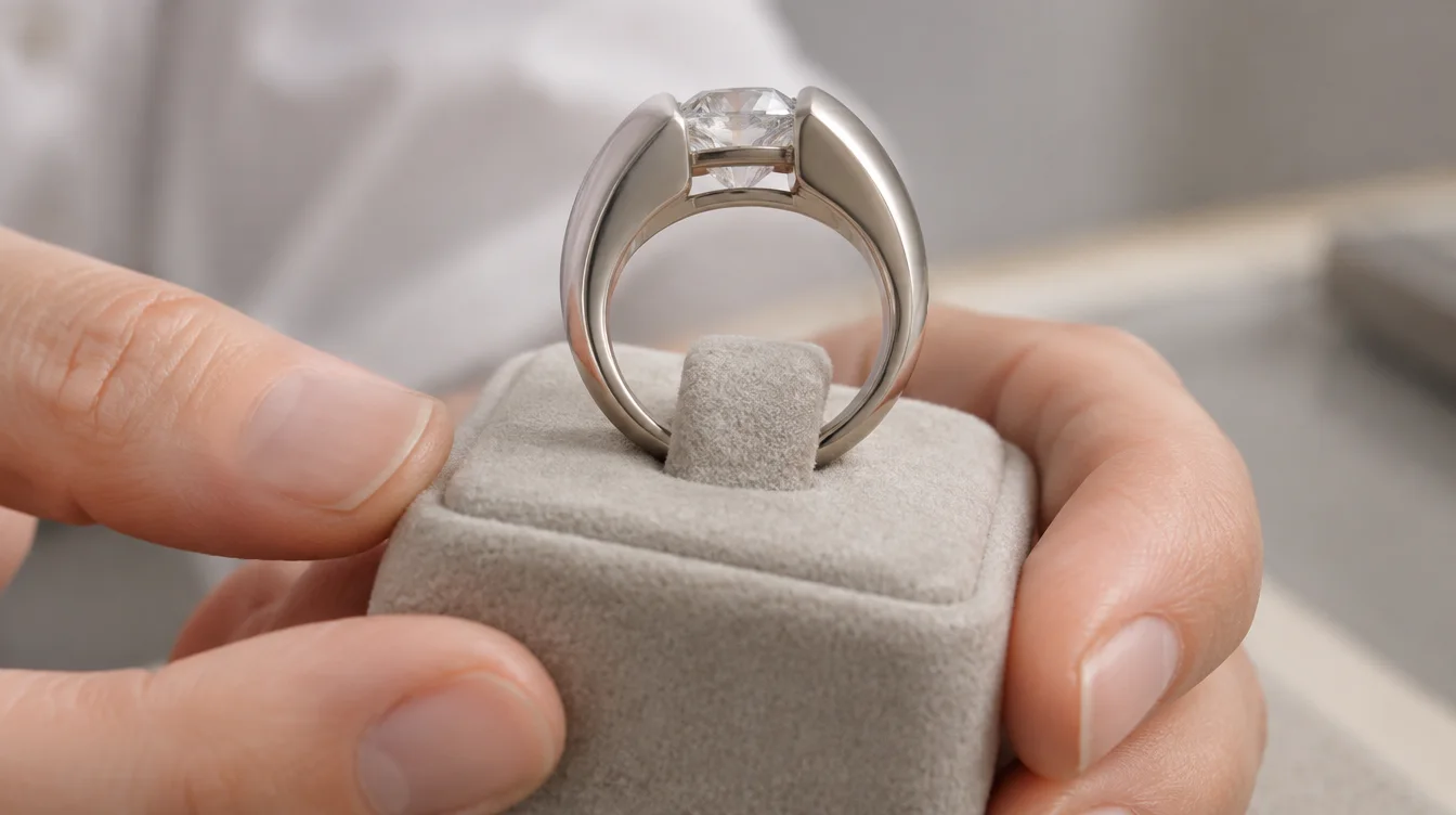 A jeweler tilts a padded ring holder to reveal a supporting bridge through the ring’s finger opening.