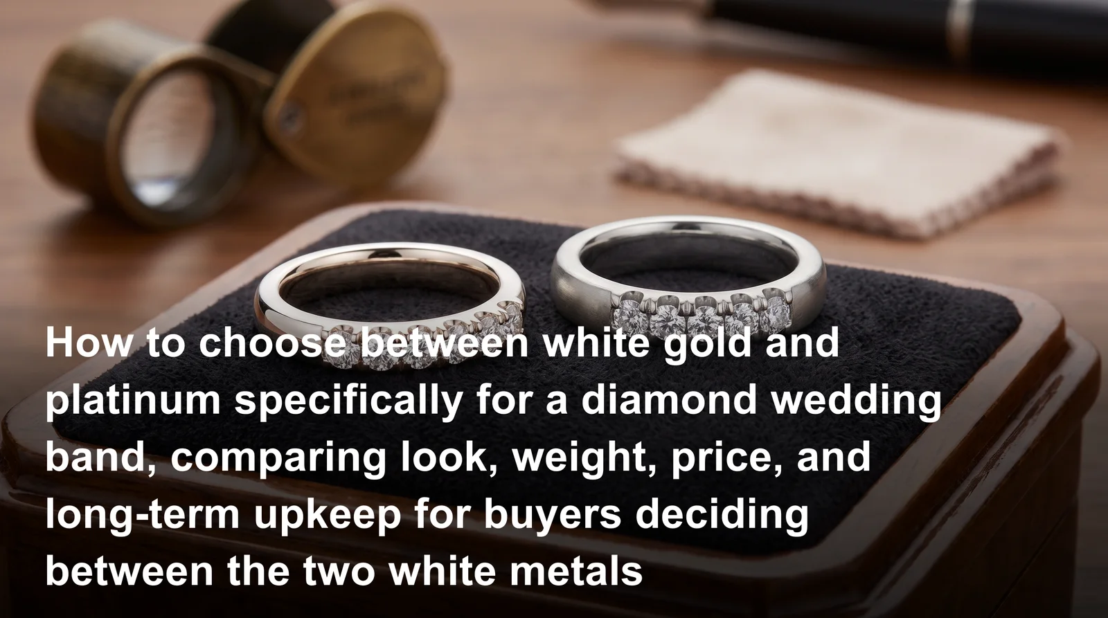 White gold vs platinum wedding band comparison showing two diamond rings side by side on a ring dish