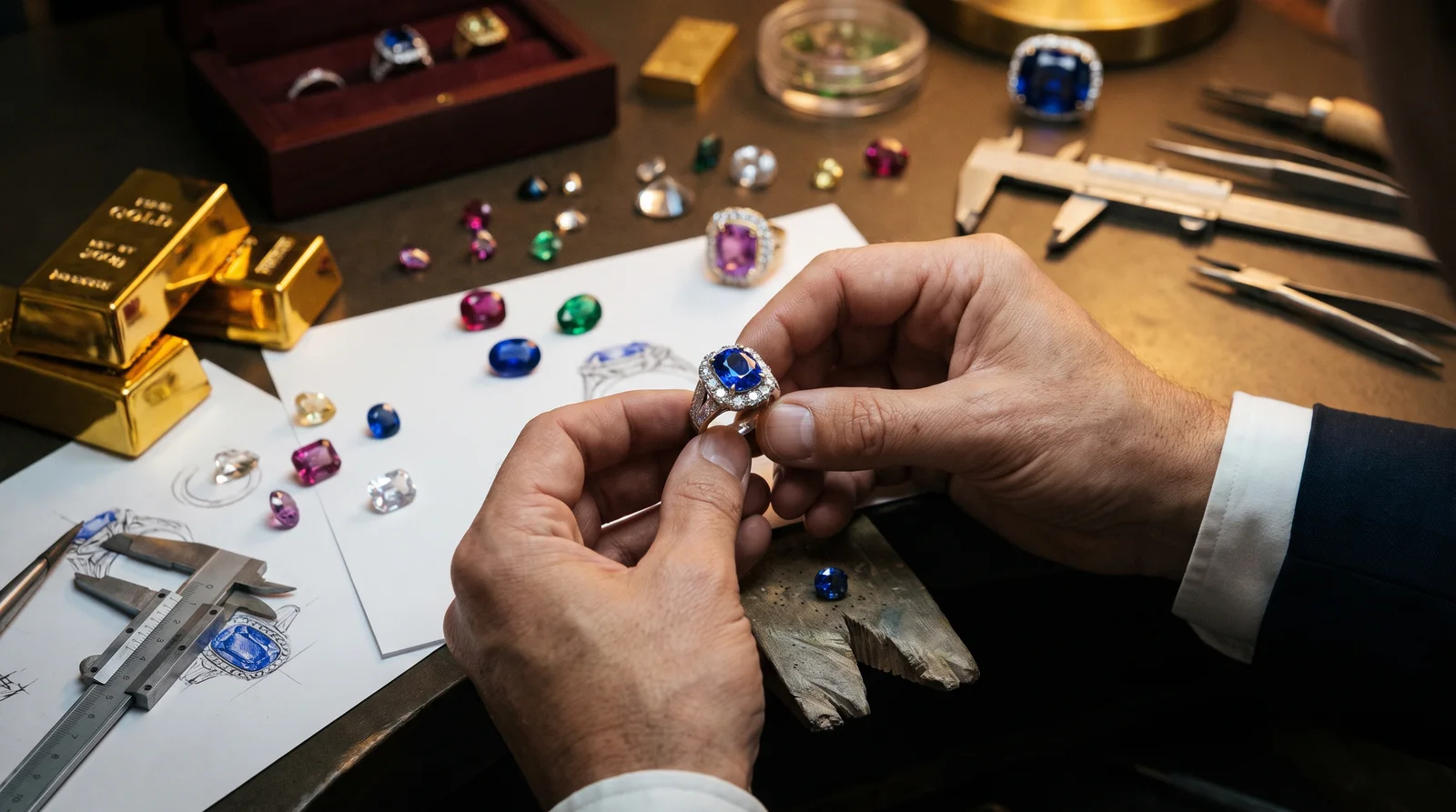 Custom jewelry pricing guide showing handcrafted rings and necklaces, illustrating what is custom jewelry and its cost factors