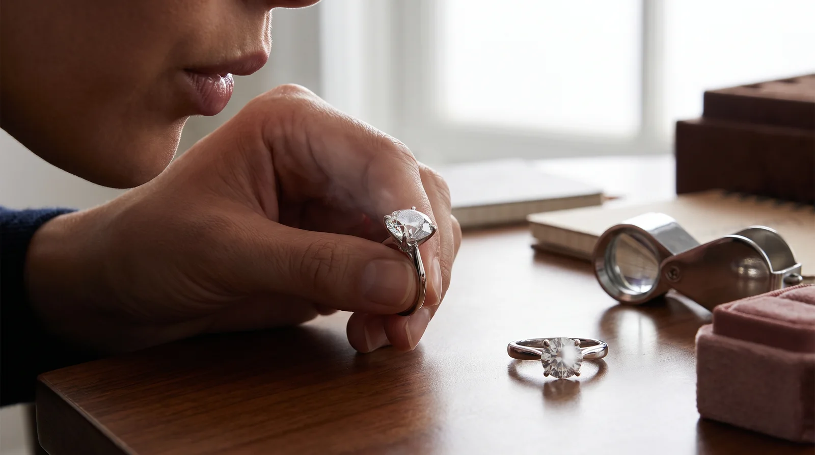 Fogging a diamond ring with breath to demonstrate how to tell if a diamond is real at home