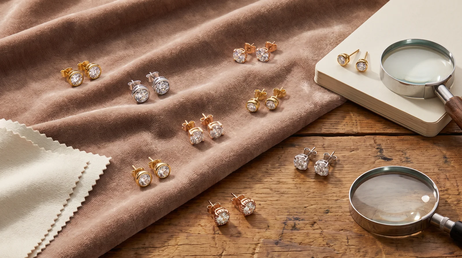 Three gold diamond stud earring options displayed to show metal color variations and everyday wear durability differences