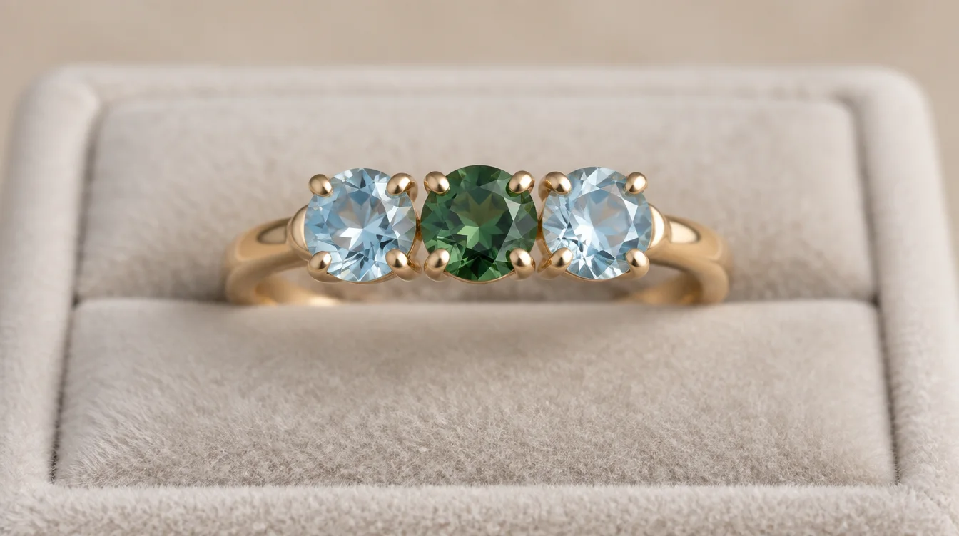 Close view of two pale blue stones flanking a green stone in three separate gold settings