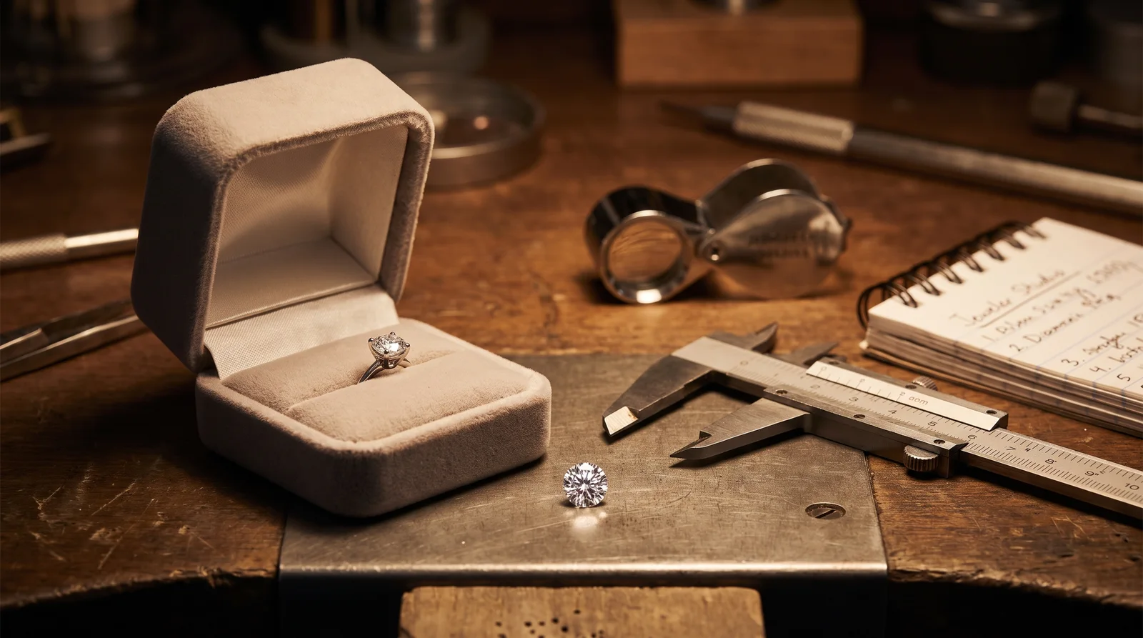 Diamond stud earring next to pricing estimate paperwork and sourcing notes