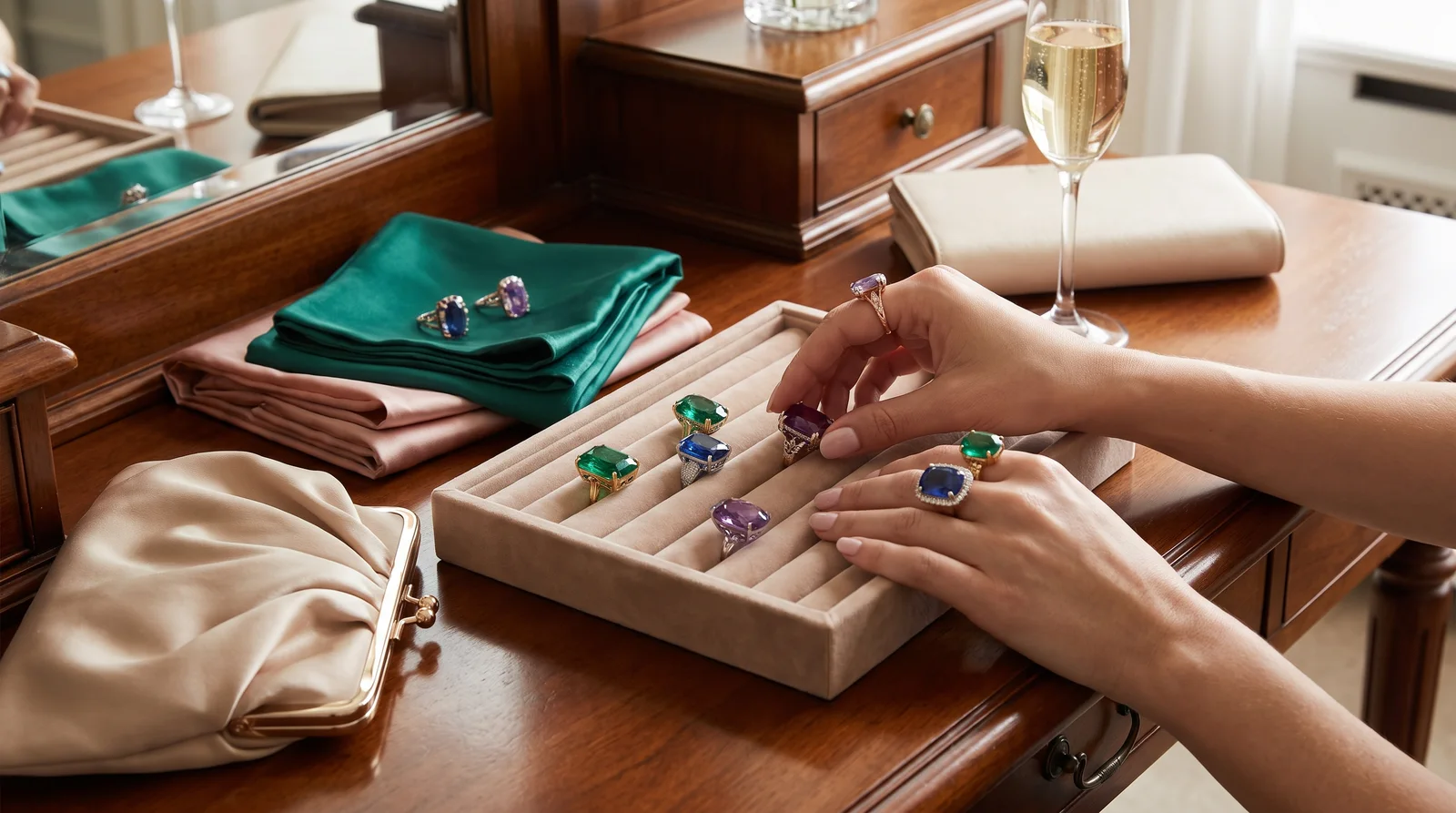 Woman's hand wearing a statement cocktail ring, showing how to choose a cocktail ring for different occasions