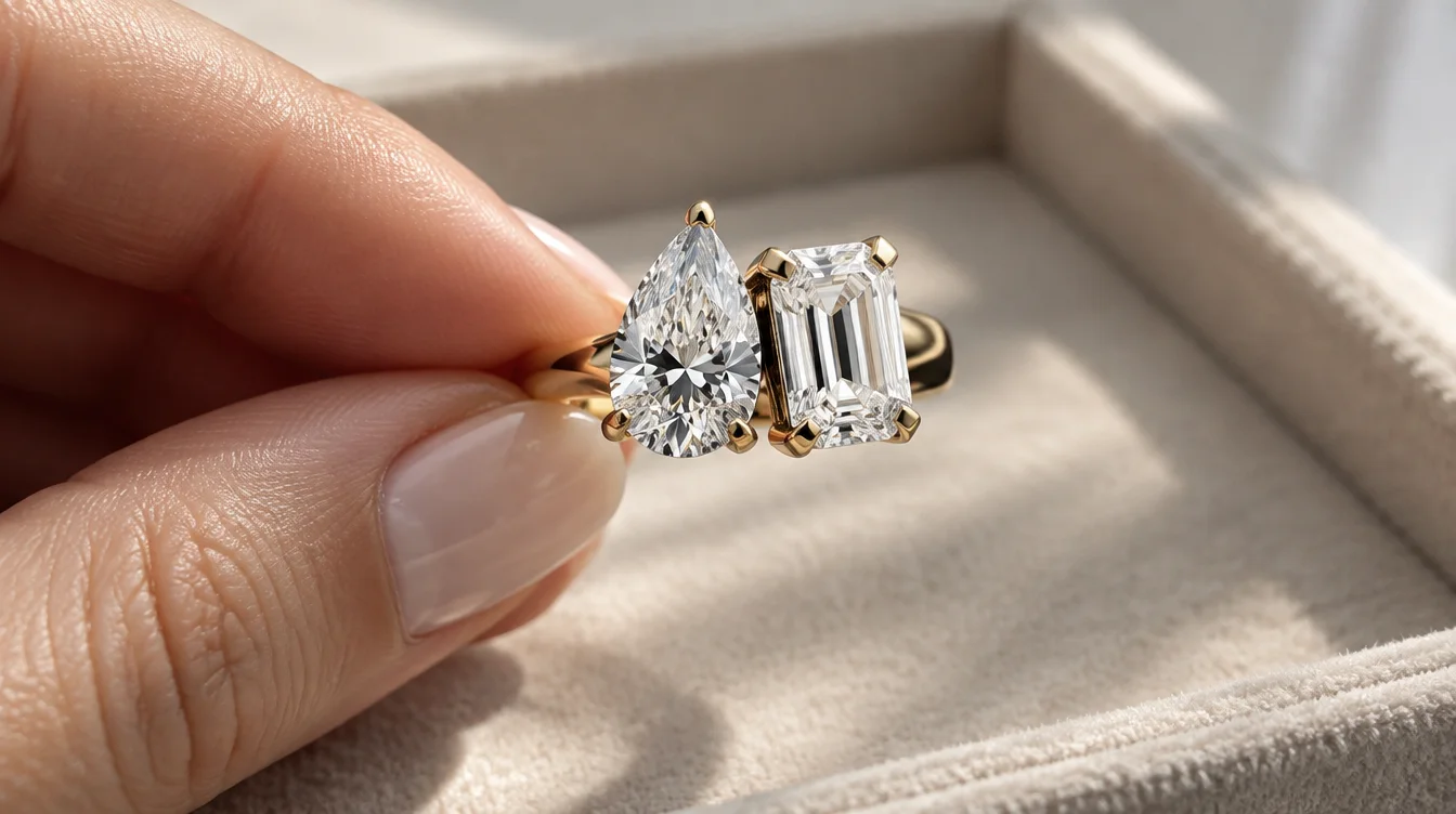 Pear brilliant and emerald cut diamonds tilted together, showing their facets and the gap between settings.
