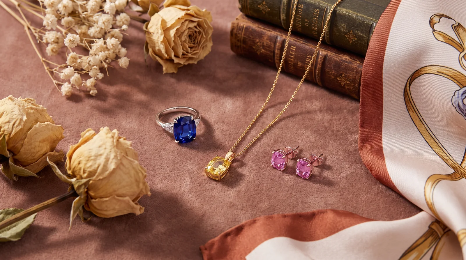 Collection of sapphire jewelry pieces in different styles and settings