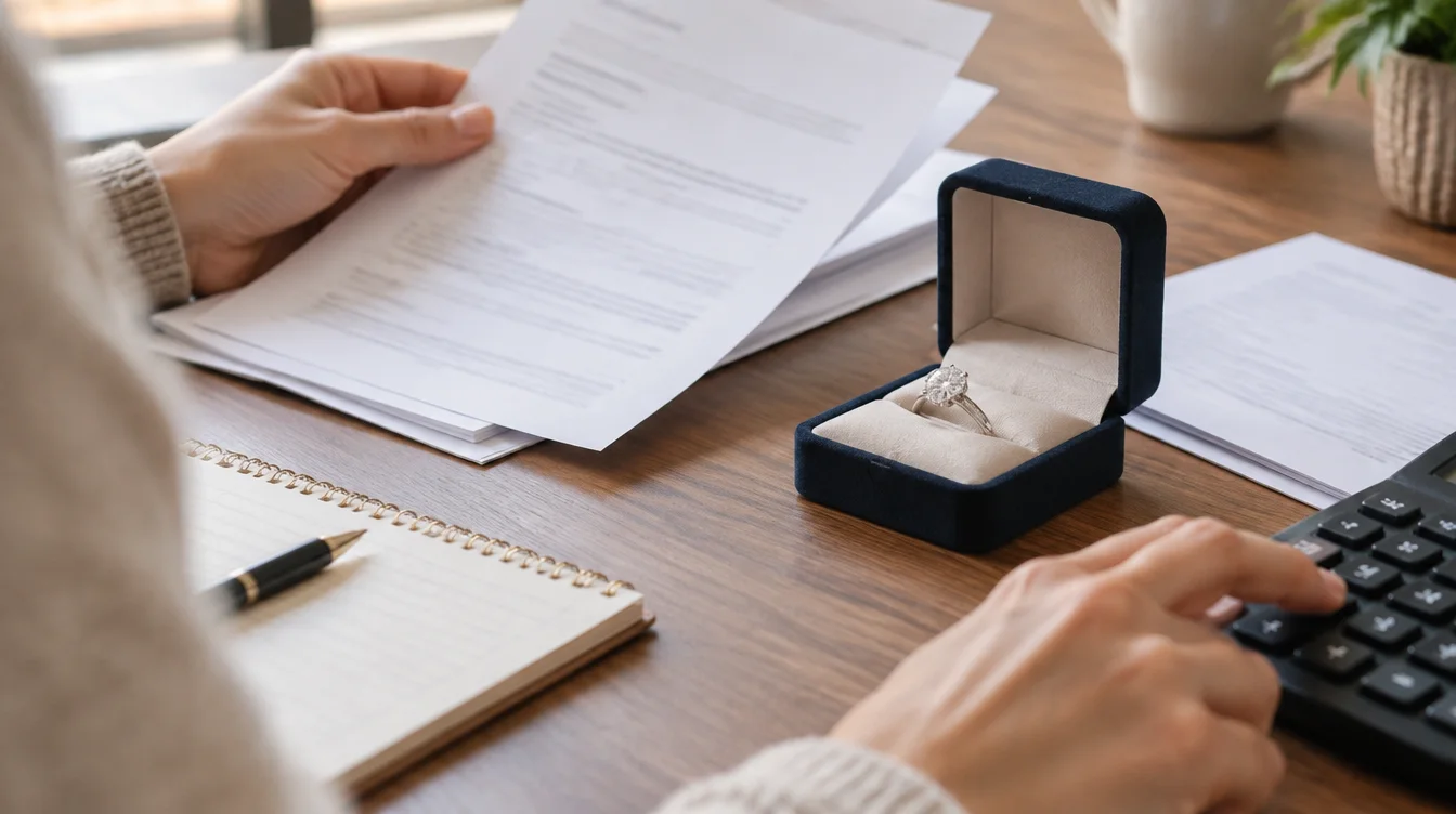 Owner using a calculator beside quote papers and a boxed diamond ring