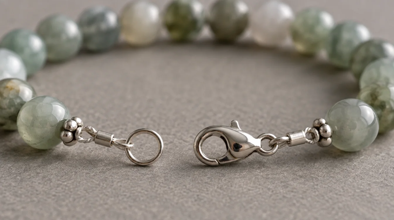 Close view of gemstone bracelet ends with spacers, crimp tubes, wire loops, a lobster clasp, and receiving ring.