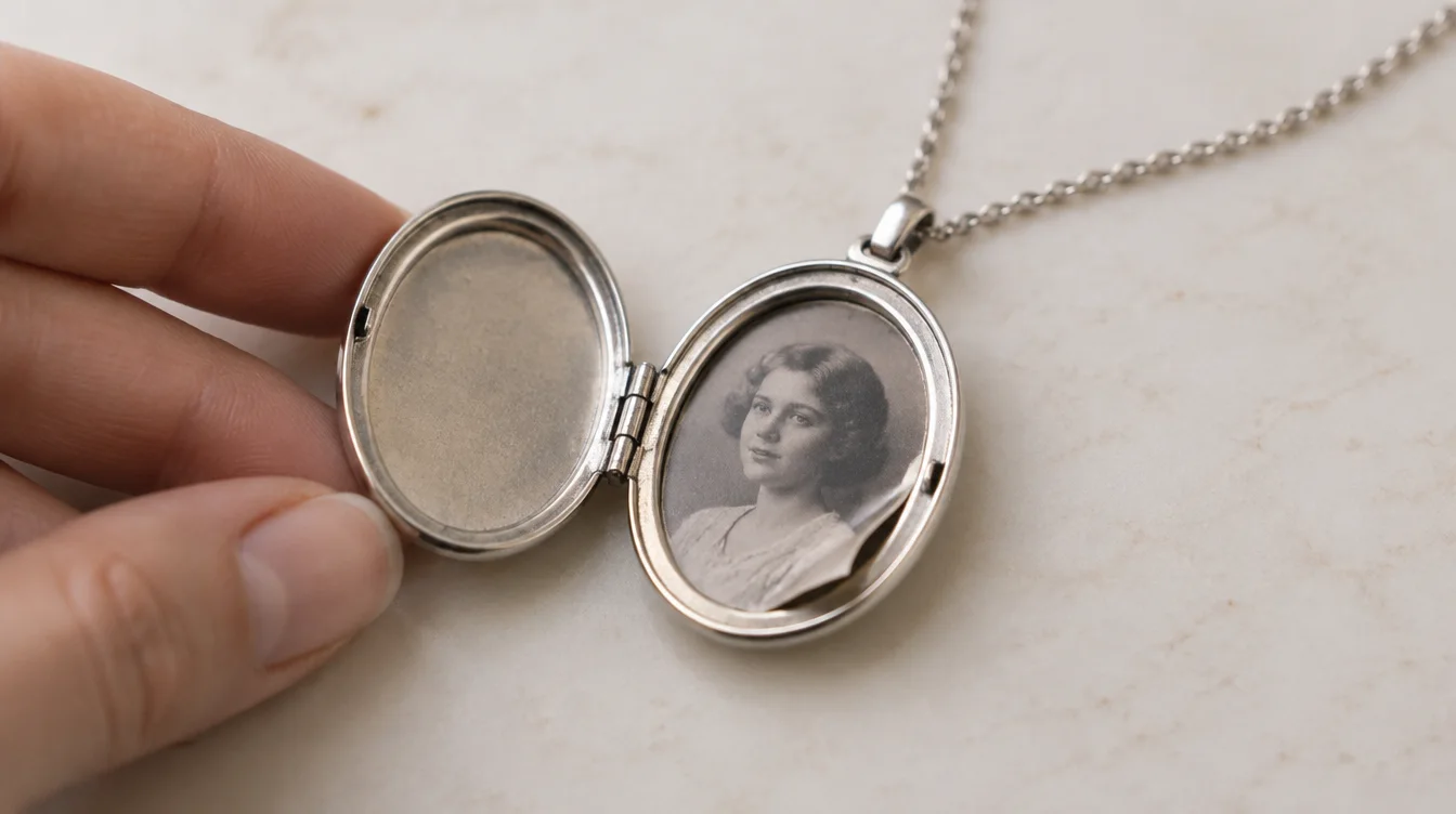 Open silver locket with a photo insert extending onto the rim, steadied gently on a tabletop.