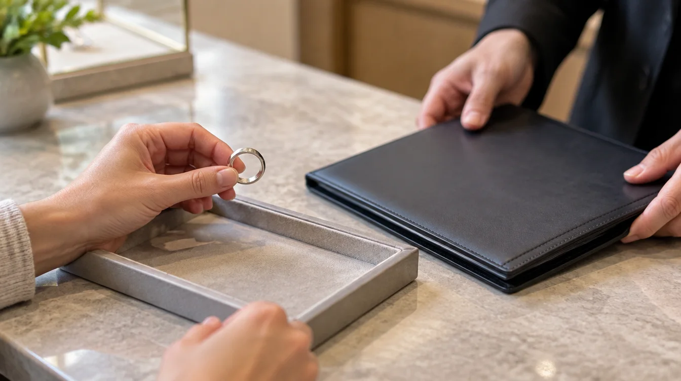 Hands holding a silver colored ring beside a closed document folder at a jewelry counter