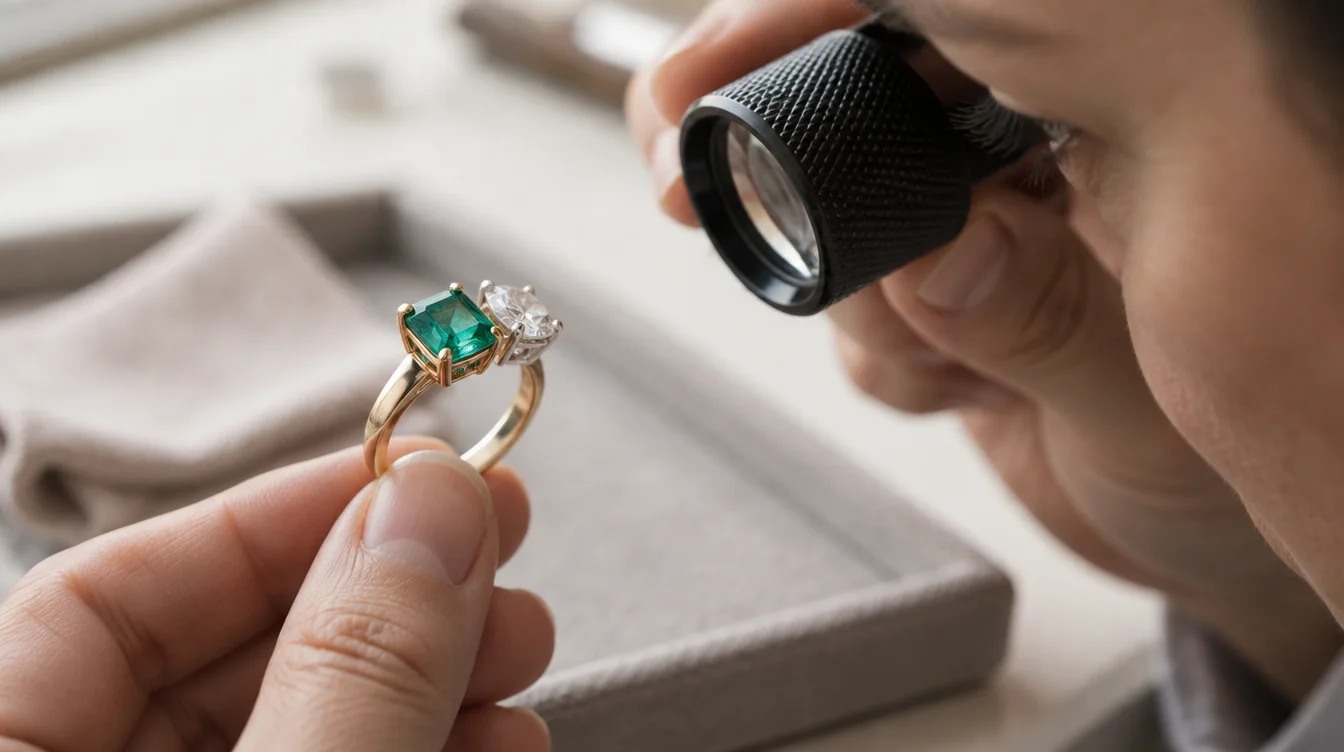 Jeweler using a loupe to inspect the settings of an emerald and diamond toi et moi ring above a padded tray.