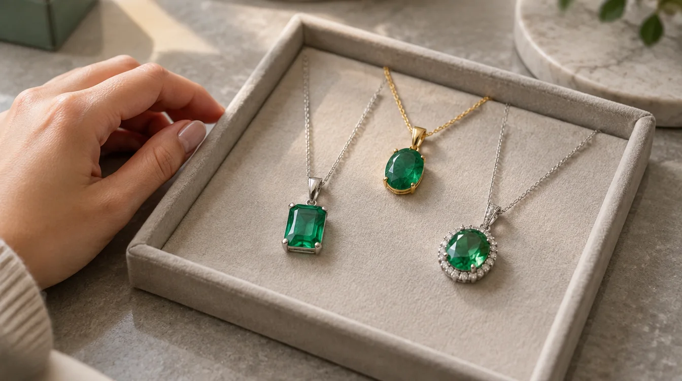 Three green stone pendants on a jeweler’s tray as a shopper considers the choices.