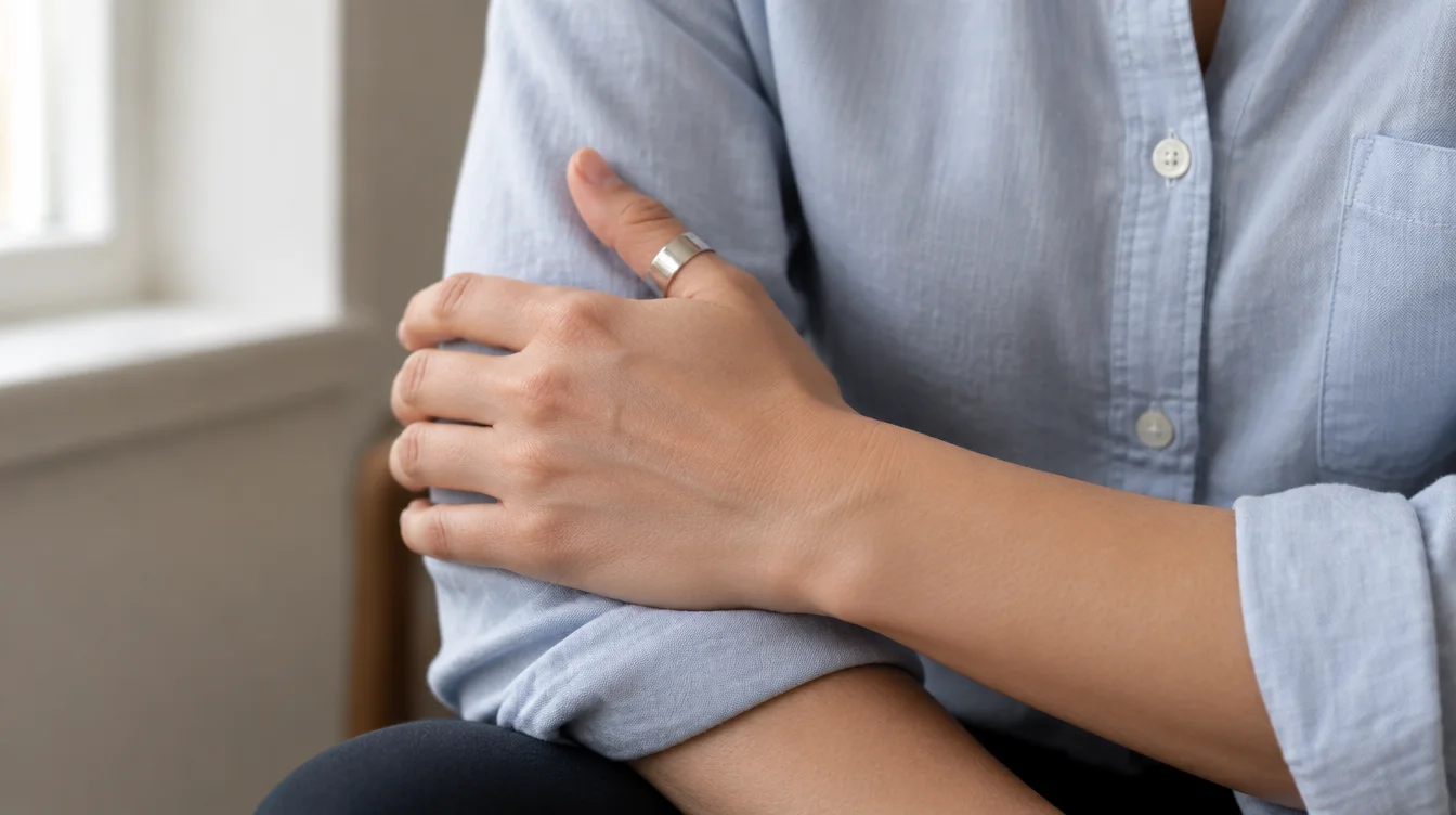 A relaxed hand wearing a polished silver band on the thumb