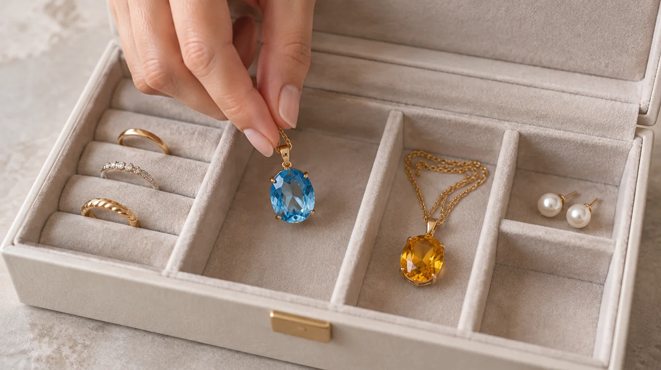 Hand placing a blue topaz pendant in a separate compartment from citrine jewelry