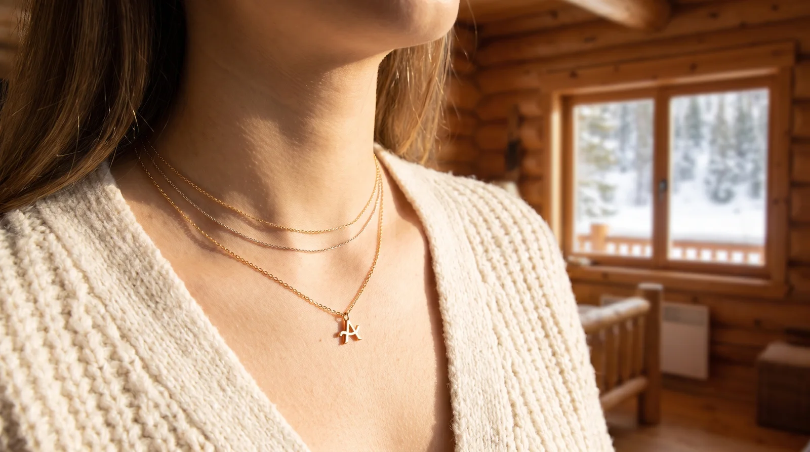 Gold single initial necklace compared to name necklace, illustrating initial necklace vs name necklace styles