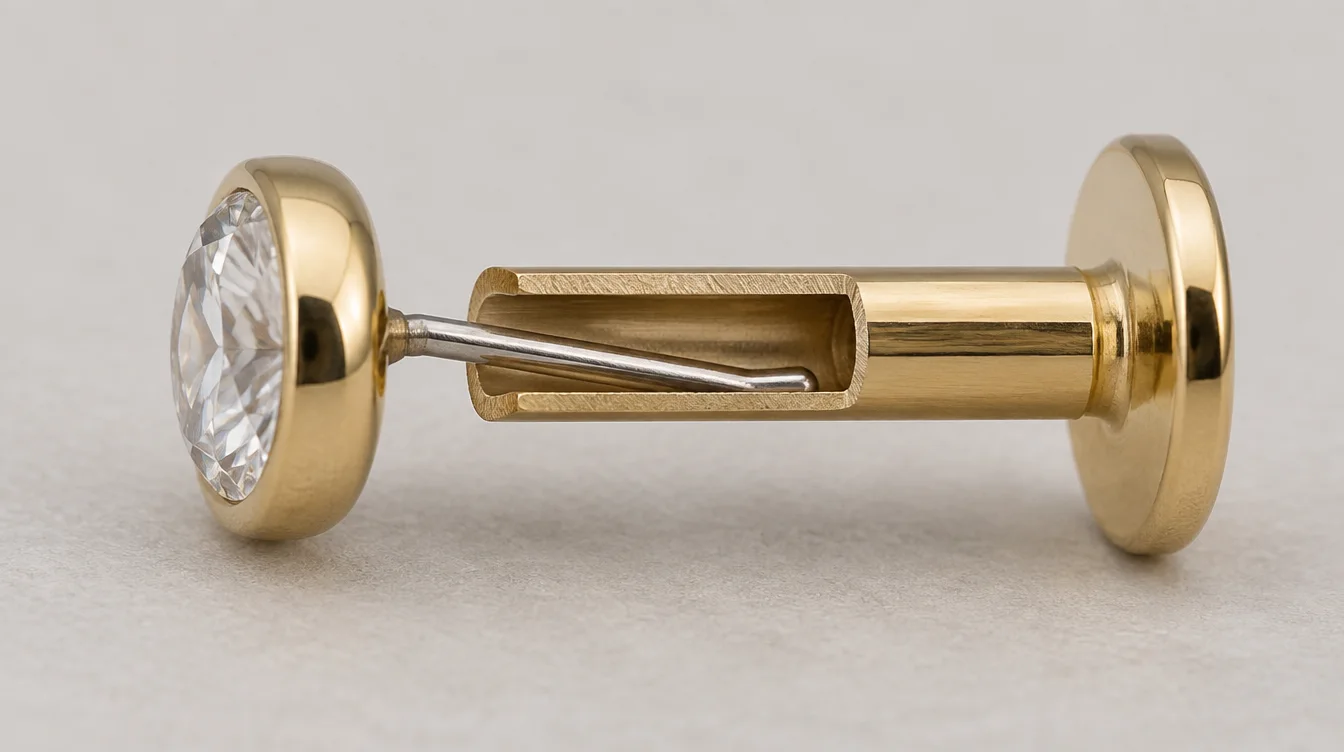 Cutaway illustration of a threadless earring pin contacting the inner wall of its hollow post.