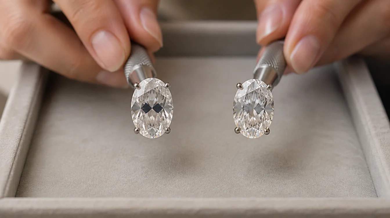 Two oval diamonds held at matching angles under the same soft light for comparison