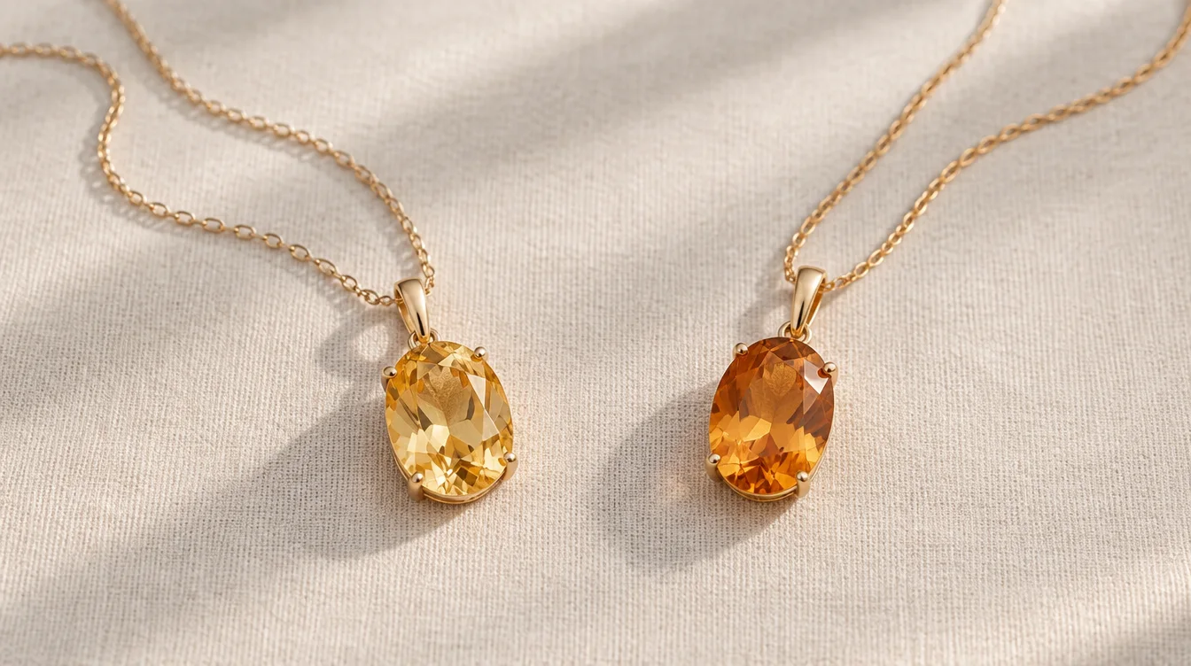 Golden topaz and honey orange citrine pendants resting on pale linen