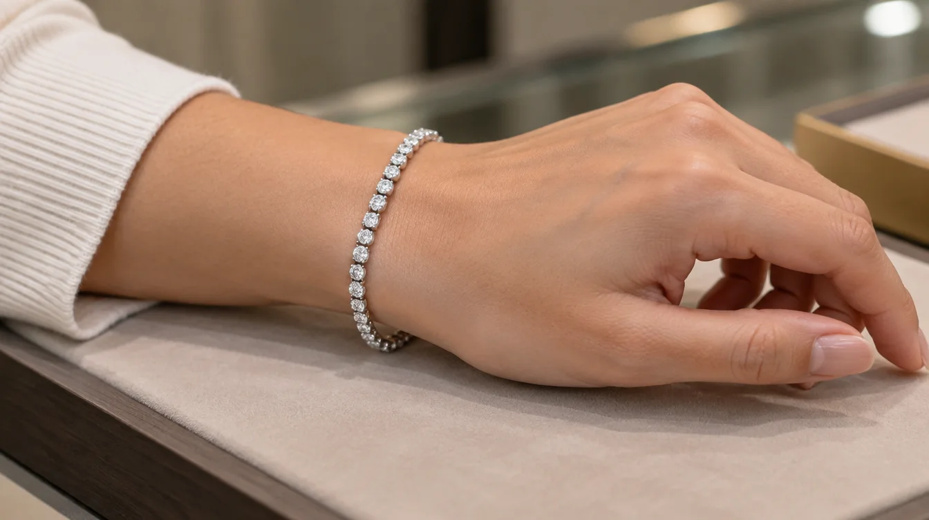A diamond tennis bracelet drapes around a relaxed wrist during a fit check.